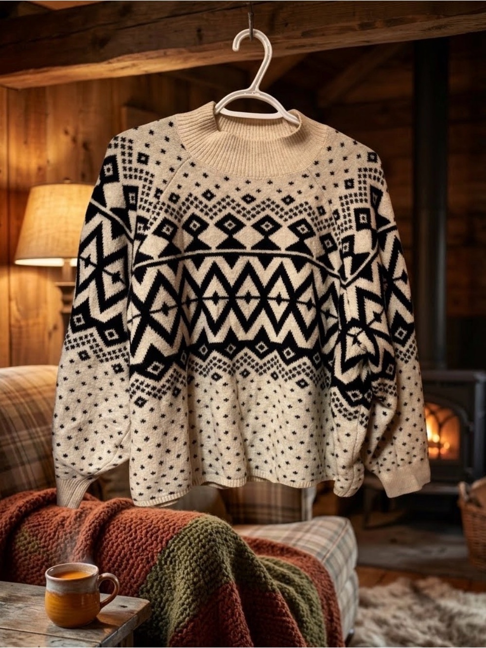 Old Navy Cream and Black Geometric Crewneck Sweater